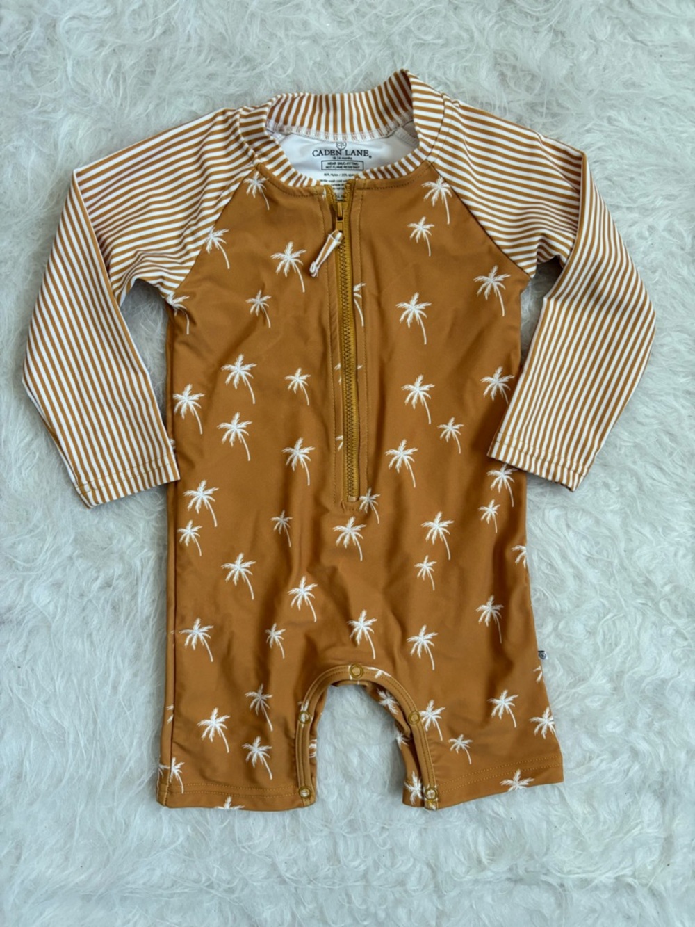 Caden Lane Palm Tree Zip Front Gender Neutral Baby Rash Guard Swimsuit